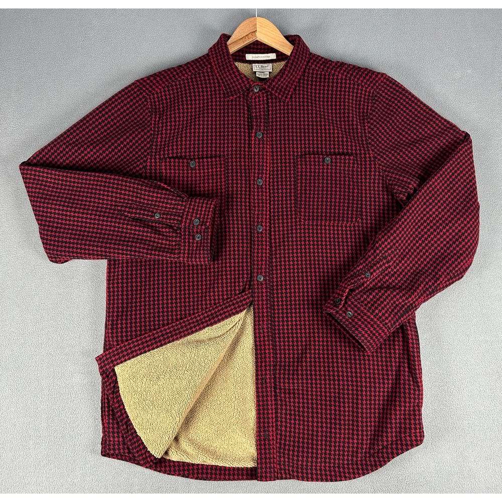 LL Bean Shirt Jacket Large Tall Red Houndstooth Sherpa Fleece Lined Shacket